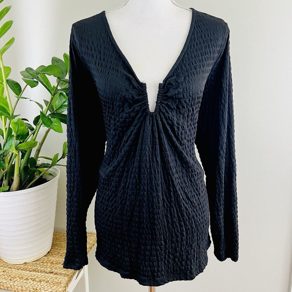 Lane Bryant Black Ruched U-Ring Blouse Soft Lightweight Sexy Top - Plus 18/20